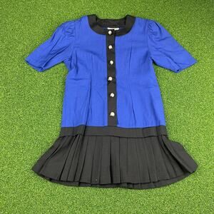 Vintage Eber Girls Blue Black Short Sleeve Pearl Button Pleated Mini Dress Sz 7
